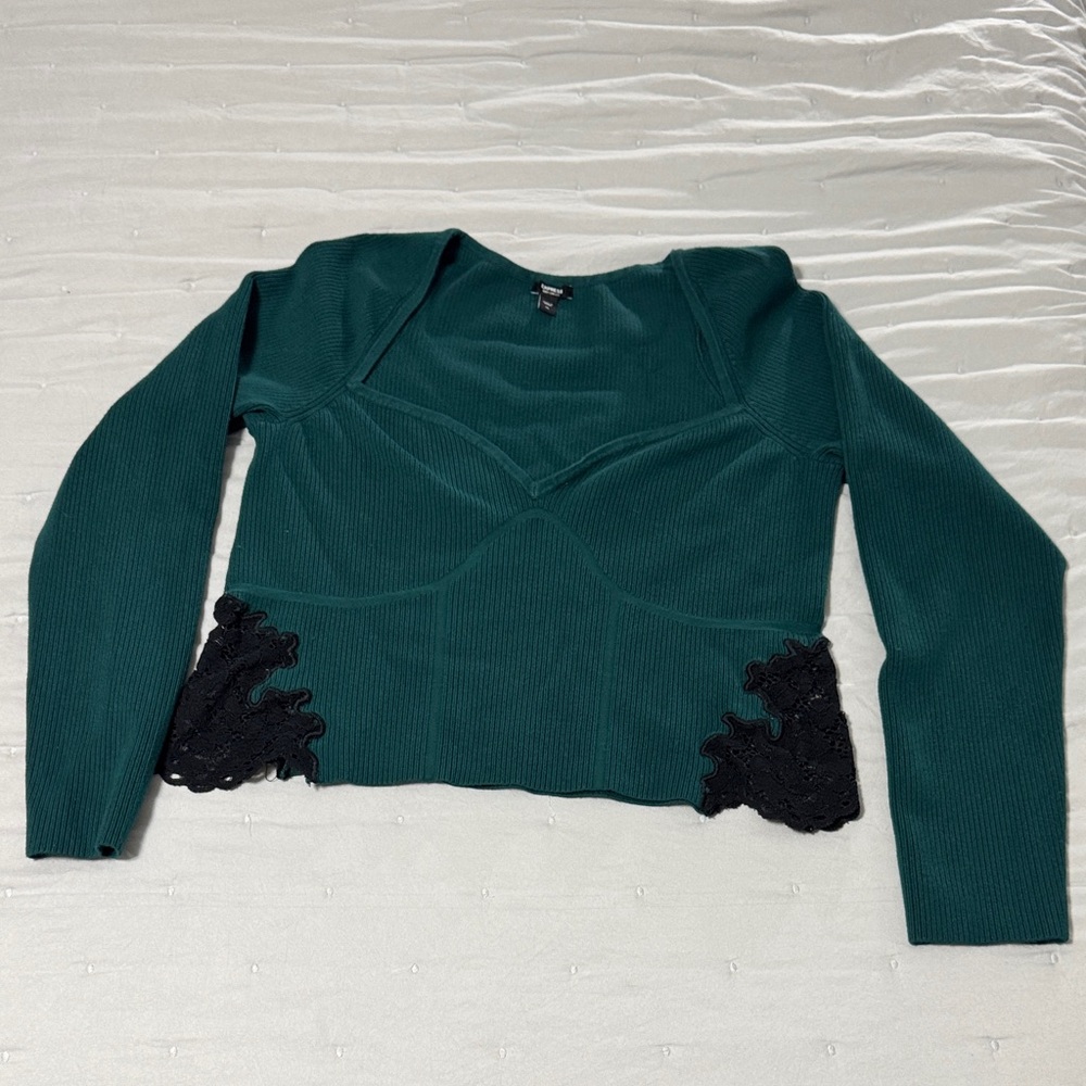 Express Teal Long Sleeve Crop Top with Black Lace